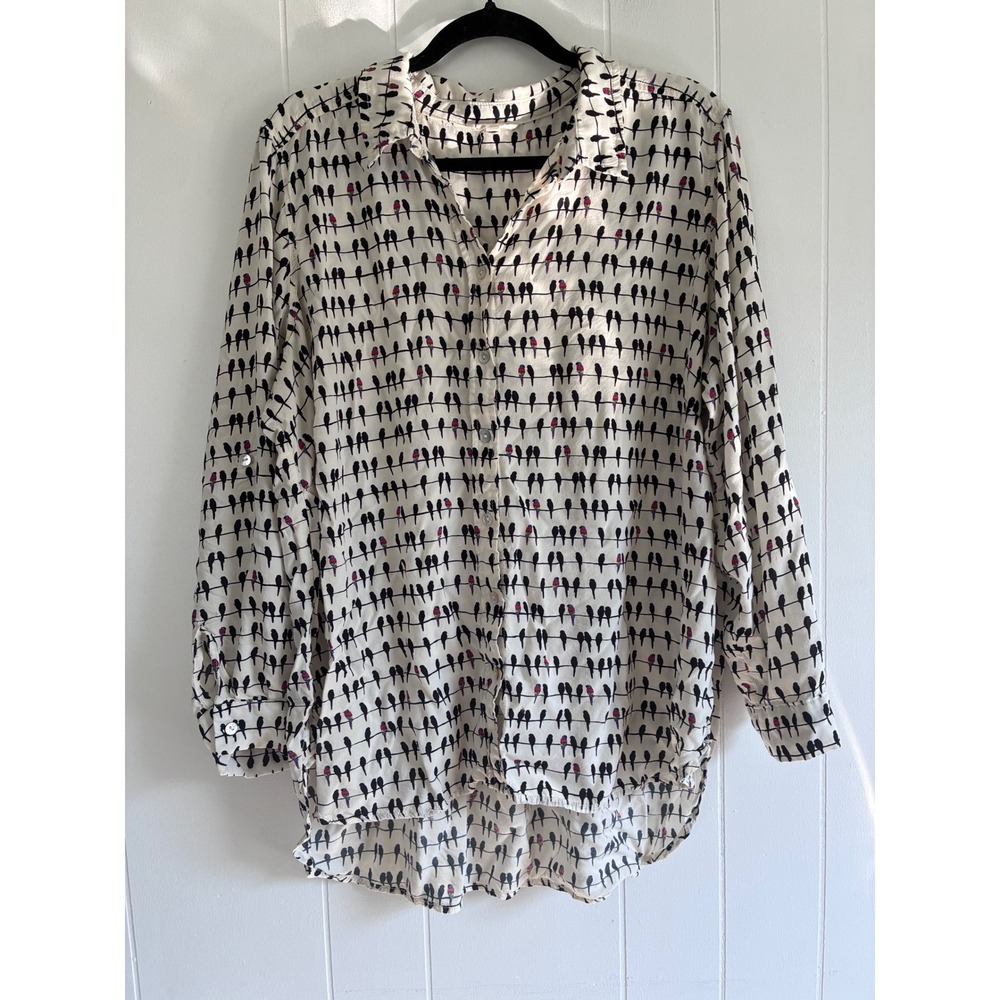 Jane and Delancey Women 2X White Bird Print Rayon Roll Tab Button Down Shirt